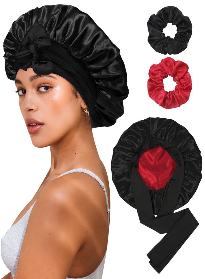 CHLINS Reversible Satin Silk Bonnet - Double Layer Hair Wrap with 2PCS Scrunchies Elastic Tie Band Night Cap for Natural Curly Hair (Black+Red) - Image 1